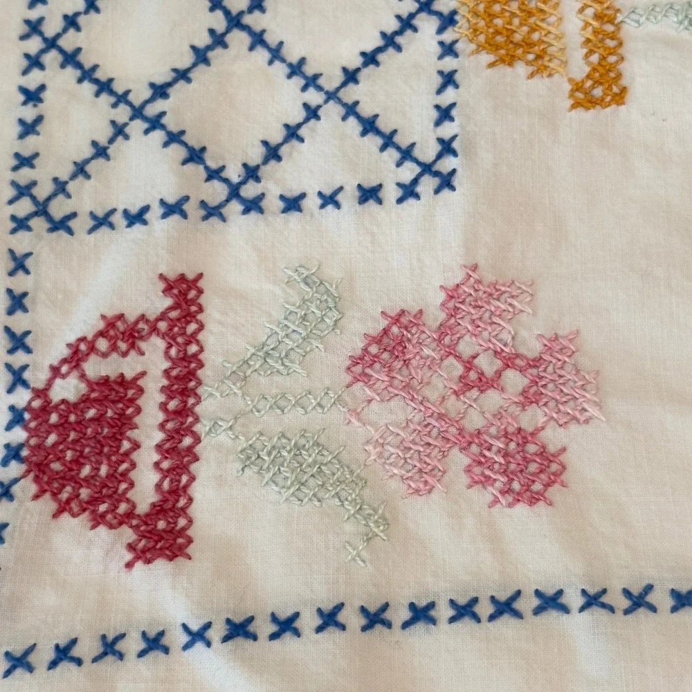 Vtg‎ Hand Embroidered Floral Cross Stitch Table Runner Blue Crochet Edge 40x13